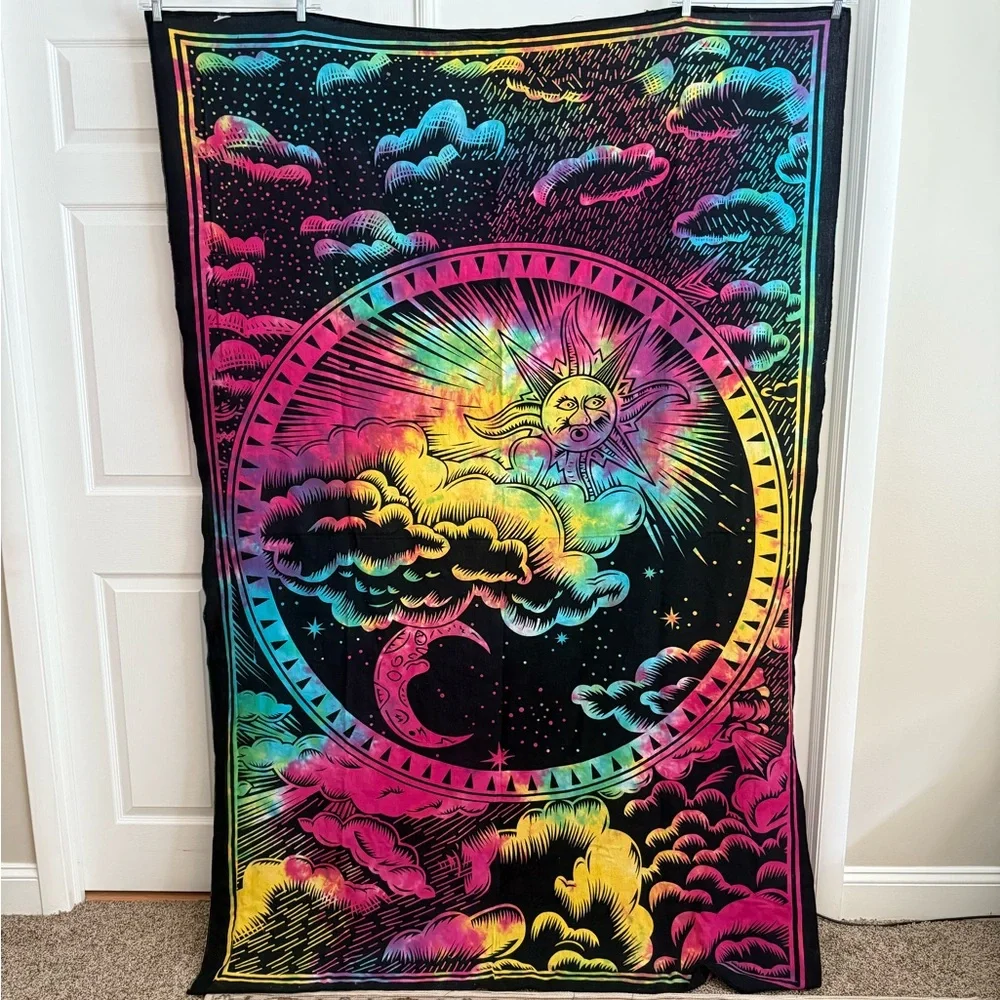 Majestic Sky Tapestry Wall Hanging Sun Moon Clouds Celestial Tie Dye 52x82